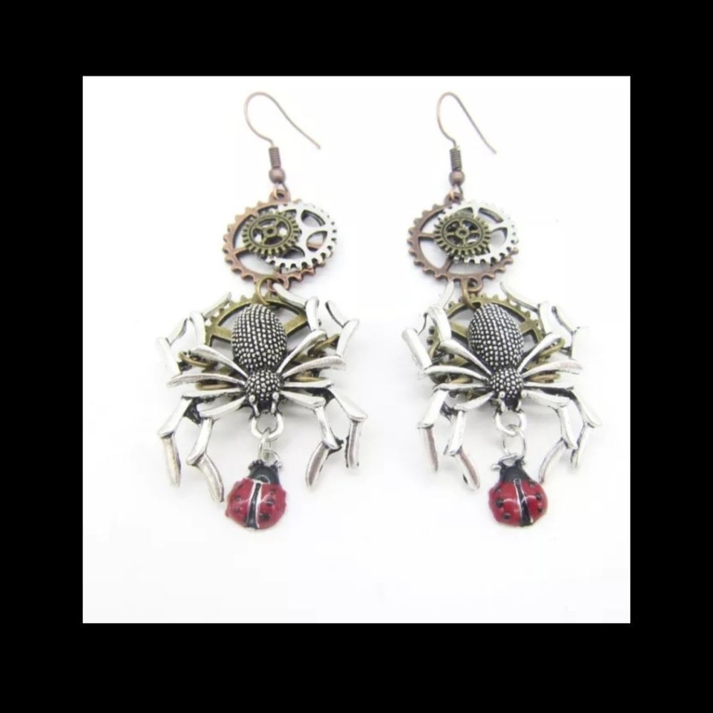 Silver gold steampunk gears spider Goth earrings new original unisex